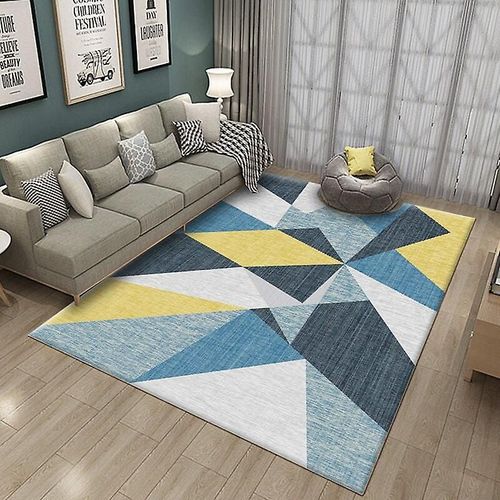 Tapis De Salon Traditionnel Milan, Motif Géométrique Moderne, Triangles Kaléidoscopiques, Crème, Bleu, Jaune, Antidérapant, Pour Chambre À Coucher - 120 X 160 Cm