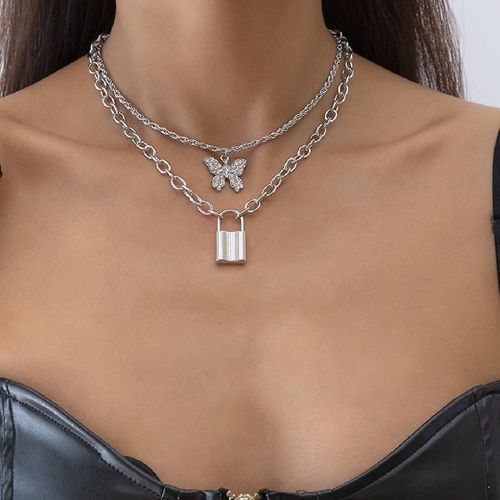 Collier Avec Pendentif Papillon Et Cadenas Pour Femmes Et Filles. Collier Ras Du Cou Délicat À Plusieurs Niveaux Pour Les Fêtes Et Les Vacances, À Porter Au Quotidien (Argent)