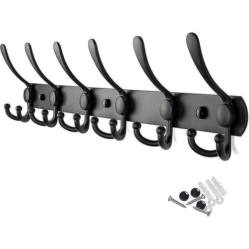 Porte-manteau mural en acier inoxydable robuste avec crochets et porte-serviettes (6 crochets, noir)