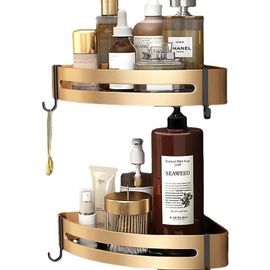 Lot de 2 étagères de douche d'angle sans perçage, étagère de salle de bain adhésive, panier triangulaire en acier inoxydable, rangement pour shampoing et savon avec crochets (couleur de la photo)