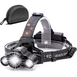 Lampe Frontale Led Rechargeable, Puissante Lampe Torche 10 000 Lumens, 4 Modes, 3 Led Cree Xml-T6, Zoomable, Étanche, Avec Câble Usb Et 2 Piles