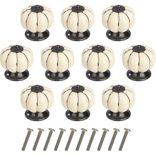 Lot de 10 boutons de meuble en céramique avec vis en alliage, motif citrouille, pour tiroir, placard, cuisine (ivoire)