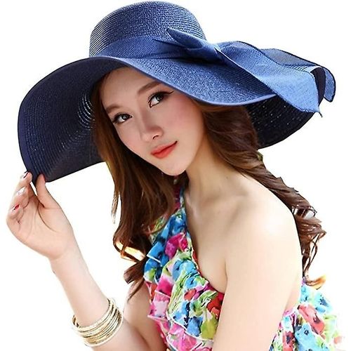 Chapeau De Paille À Large Bord Pour Femme, Pliable, Pour L'été, La Natation, Le Jardin, La Plage, Les Vacances, Les Voyages, Bleu