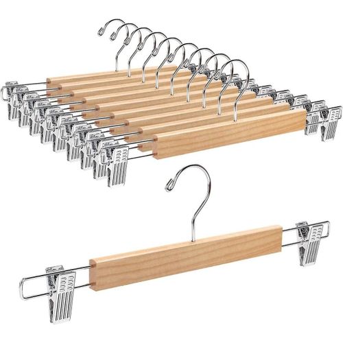 Support de jupe en bois naturel massif de 14,17 pouces, 10 pièces, support de pantalon décontracté avec 2 clips antirouille réglables (naturel, 10 pièces)