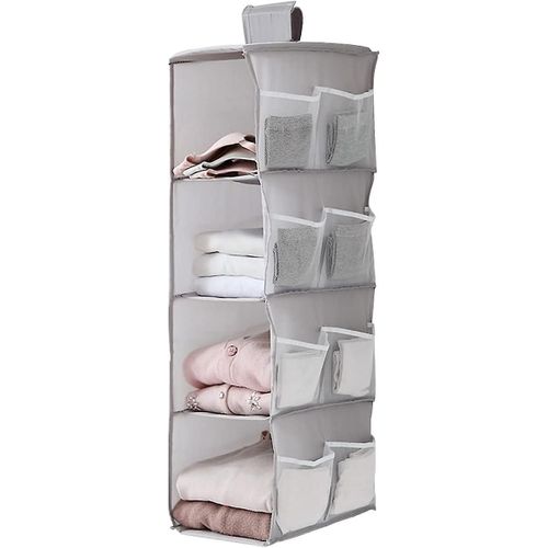 Panier de rangement suspendu, penderie, organiseur de placard, 4 compartiments, 12 poches latérales, 30 x 22,5 x 80 cm (gris)