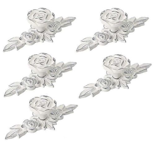Lot de 5 boutons décoratifs pour armoires Euro Rose avec plaque, boutons de tiroir ivoire à motif floral, boutons de porte de placard, poignées de tiroir blanc ivoire