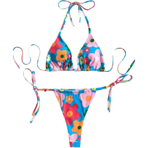 Maillot De Bain Deux Pièces Triangle À Imprimé Floral Pour Femme, Bleu, Taille L