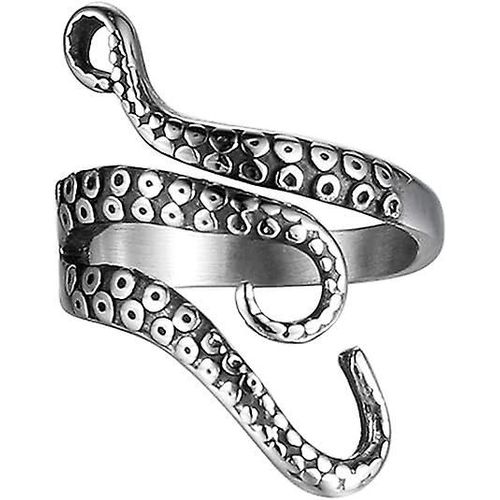 Bague Vintage En Acier Inoxydable Avec Motif Pieuvre Pour Homme Et Femme, Ajustable, Polie, Style Rétro Gothique Punk, Argent Et Noir, Avec Pochette En Velours