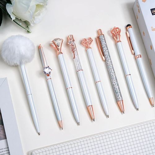 8pcs Stylo À Bille Blanc Set Stylos En Métal Cristal Diamant Pour Journal À Encre Noire Et Bleue, Stylo Agréable Et Mignon Avec Boîte - Cadeau Pour Dames Filles Fournitures De Bureau De Mariage