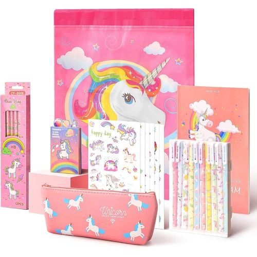 Anfirst Ensemble De Fournitures Scolaires Kawaii, Kit Papeterie Fille Avec Trousse Scolaire Et Carnet Et Stylos Gel, Idée Licorne Cadeau Fille 5 6 7 8 9 Ans, Rose