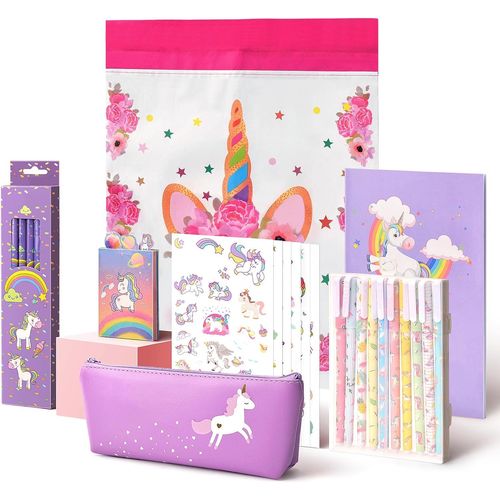 Anfirst Ensemble De Fournitures Scolaires Kawaii, Kit Papeterie Fille Avec Trousse Scolaire Et Carnet Et Stylos Gel, Idée Licorne Cadeau Fille 5 6 7 8 9 Ans, Violet