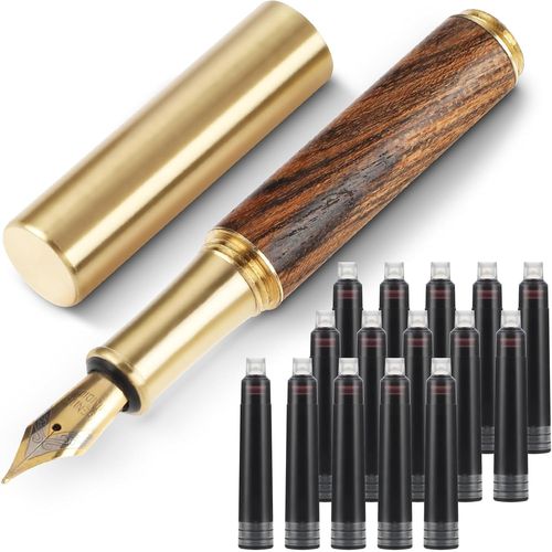 Mini Stylo Plume En Bois, Stylo Plume De Voyage À Pointe Fine Pour Écriture Lisse Avec 15 Cartouches D'encre Noire De 2,6 Mm Pour Journal, Bureau, Fournitures Scolaires (Marron)