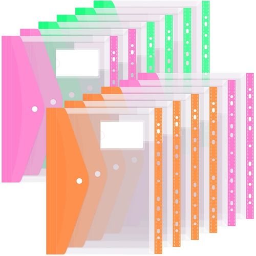 Paquet De 12 Sacs À Documents A4 Documents, A4 Cartable Sac, Format Lettre Plastique Cartable Enveloppe 11 Anneaux Cartable Inserts Pour 2/3 / 4 Anneaux Cartable A4 Orange Vert Poudre