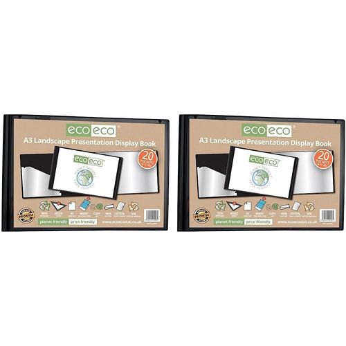 Porte-Vues A3 50% Recyclé Avec 20 Pochettes En Plastique Noir (Lot De 2)