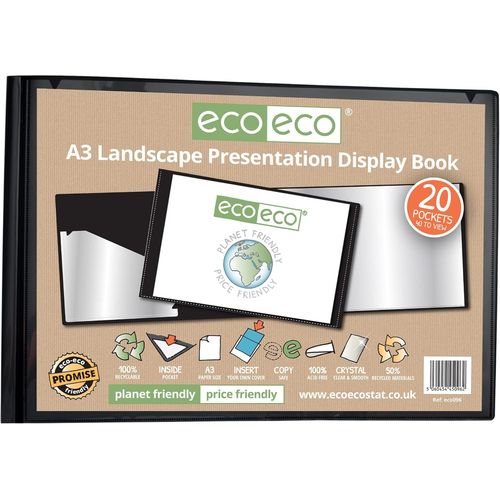 Porte-Vues A3 50% Recyclé 20 Pochettes En Plastique Noir Paysage