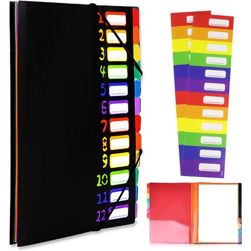 Chemise A4 12 compartiments - Cartable en polypropylène imperméable avec fermeture éclair & étiquettes colorées - Organisateur portable pour école/bureau-noir