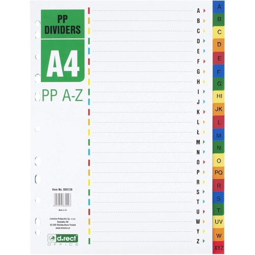 Intercalaires Pour A4, Pp A-Z Ppaz, A-Z, Intercalaires À Anneaux, Onglets Avec Chiffres De A À Z, Multicolores, Séparateurs De Couleur En Polypropylène, Polypropylène