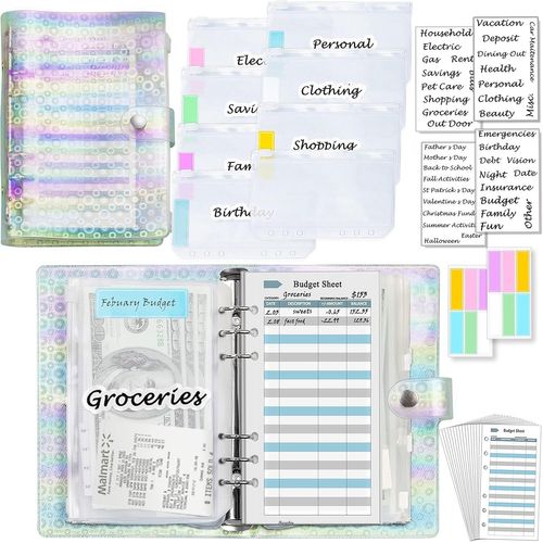 Classeur A6 Pvc Souple À Bulles 6 Anneaux, 19 X 12 Cm, 8 Mini Pochettes Zippées Pour Classeur, 12 Feuilles De Budget, 42 Autocollants Catégorie Enveloppe Caisse, 12 Autocollants Étiquettes