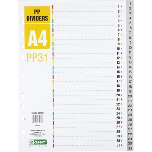 Intercalaires Pour A4, Pp31, 31 Intercalaires, Onglets Avec Chiffres Imprimés 1-31, Gris, Séparateur De Couleur En Polypropylène, Polypropylène