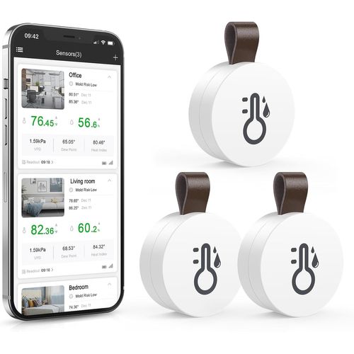 Thermomètre Hygromètre Intérieur Bluetooth, Capteur de Moniteur de Température avec App, Stockage de Données, Thermomètre Connecté, Mini Thermomètre d'ambiance pour Maison, Bureau, 3PCS