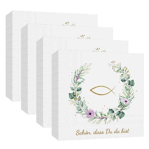 Kal-Lot De 80 Serviettes « Schön, Dass Du Da Bist » - Décoration De Table En Forme De Poisson Pour Baptême, Communion, Confirmation Ou Autres Occasions Festives, 33 X 33 Cm