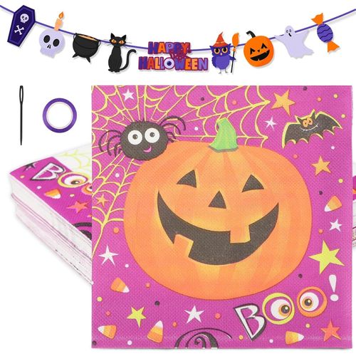 Kal-Lot De 40 Serviettes Pour Halloween - En Papier - Pour Anniversaire, Citrouille, Crâne, Fantôme, Sorcière - Serviettes En Papier Sucrées Ou Acides - Décoration De Table