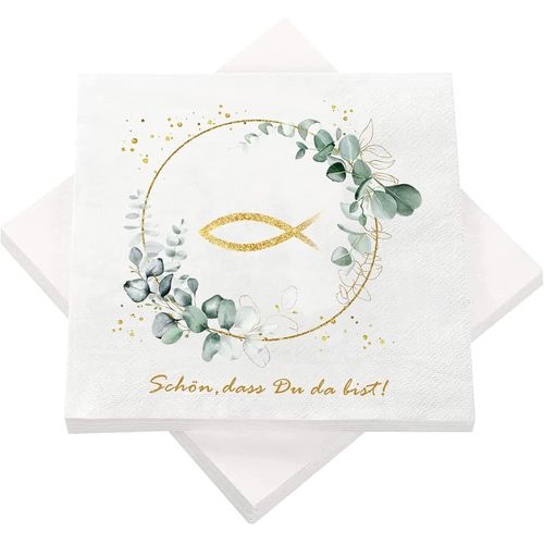 Kal-Lot De 20 Serviettes Ichthys « Schön, Dass Du Da Bist » - Poisson Eucalyptus - Décoration De Table Pour Baptême, Communion, Confirmation Et Autres Occasions Festives (20, Poisson)