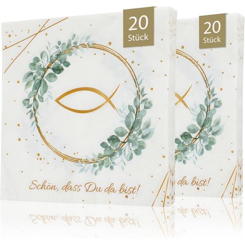 Kal-Lot De 40 Serviettes Eucalyptus Avec Poisson - Schön Dass Du Da Bist - Décoration De Table Pour Baptême, Confirmation, Confirmation Et Communion - 32 X 32 Cm