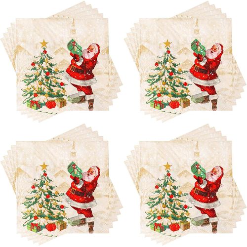 Kal-60pièces Serviettes De Noël Jetables, Santa Claus Serviette De Table Papier, Sapin De Noël Serviettes Cocktail, Doré Noel Serviettes Décoratives Pour Fournitures De Fête De Dîner De Noël, 33 X 33