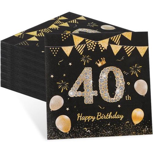 Kal-Lot De 60 Serviettes De Table Pour Le 40e Anniversaire, Décoration De Table Pour Homme, Noires Et Dorées, Pour Le 40e Anniversaire