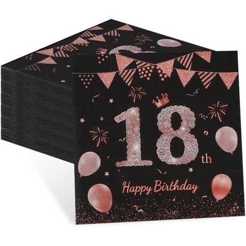 Kal-Lot De 60 Serviettes De Table Pour 18e Anniversaire Fille - Décoration De 18e Anniversaire Fille - Noir Et Or Rose - Serviettes Pour Fête De Fille Et Femme - Décoration De Fête
