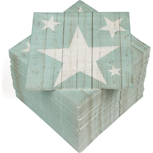Kal-Lot De 100 Serviettes De Table, 3 Couches, 33 X 33 Cm, Motif Étoile En Blanc/Menthe, Emballage Absorbant Et Pratique, Fabriqué En Europe, Idéal Pour Les Occasions Spéciales