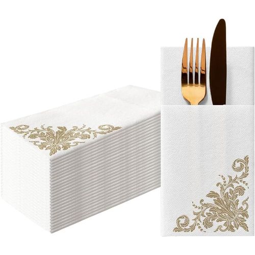 Kal-Paw Serviette De Table Papier - Airlaid (1/8 Pocket) I Ornement Classique, Or I Décoration Anniversair, Mariage, Bapteme Garcon Et Fille I Structure En Tissu I Color: Golden Ornament