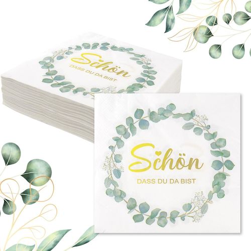 Kal-Lot De 40 Serviettes De Table À 3 Couches - Eucalyptus - Pour Mariage, Anniversaire, Baptême - Vert