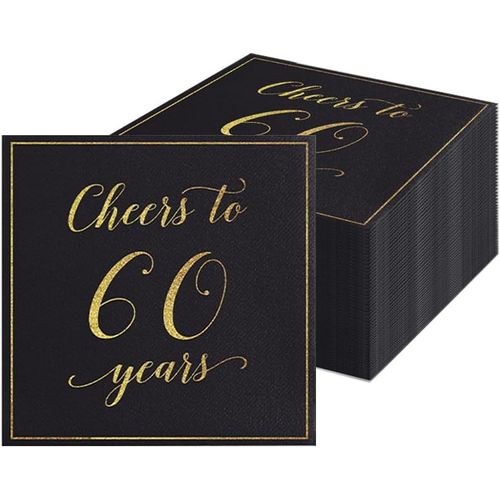 Kal-Lot De 60 Serviettes De Table Pour Le 60e Anniversaire Homme Femme - Noir Et Doré - Décoration De Table Pour Homme Et Femme