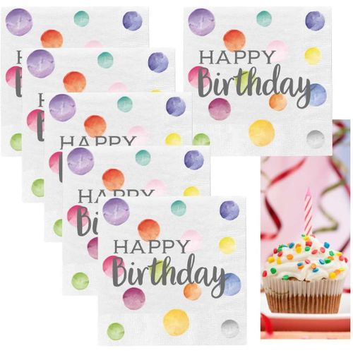 Kal-Lot De 6 Serviettes En Papier Avec 120 Pièces Avec Inscription « Happy Birthday » - Blanc - Motif : Confettis - Décoration De Table Élégante - Accessoire De Fête - 56