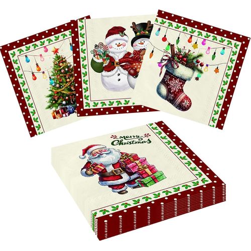 Kal-- Lot De 80 Serviettes De Noël Avec Motif Sapin De Noël, Père Noël, Bonhommes De Neige, Décoration De Table De Noël, Jetables En Papier Pour Noël, Nouvel An