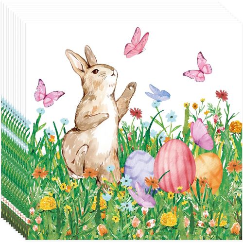 Kal-Lot De 40 Serviettes De Pâques Avec Motif Lapin De Pâques Et Motif « Schön, Dass Du Da Bist », Design Fleurs Printanières, Parfaites Pour La Décoration De Table De Pâques, Les Fêtes Et La Décorat