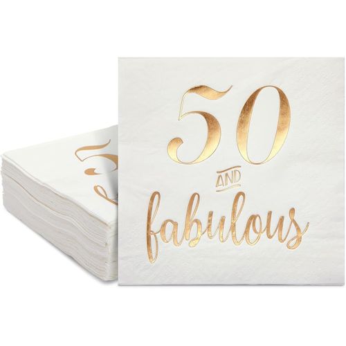 Kal-Lot De 50 Serviettes De Table Blanches Pour 50e Anniversaire, Feuille D'or 50 Et Fabuleuses Serviettes Cocktail Pour Femme, Vaisselle De Fête Et Décorations De Table De 50e Anniversaire