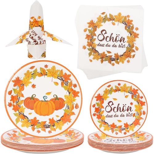 Kal-Lot De 80 Assiettes De Fête D'automne - Serviettes D'automne - Assiettes En Papier Citrouille - Accessoires De Fête - Décoration De Table D'automne