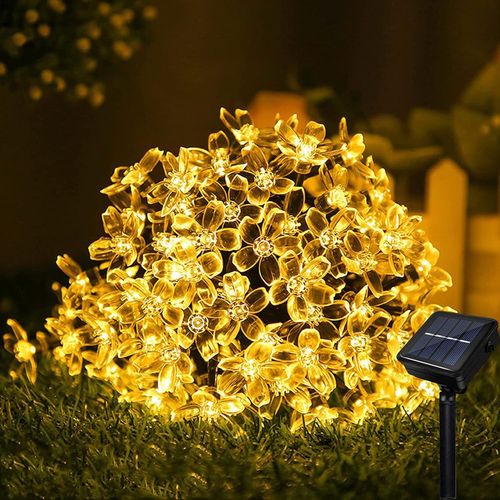 Kal-Guirlande Lumineuse Solaire, 50 Led Fleur De Cerisier Eclairage Lumineuse Solaire Exterieur Ip65 Étanche 8 Modes Guirlande Guinguette Solaire Pour Jardin, Terrasse, Cour, Noël, Fête (Blanc Chaud)