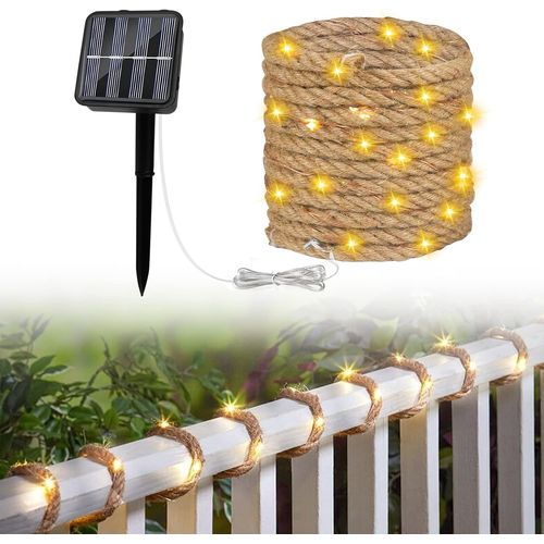 Kal-Guirlande Lumineuse Solaire De Jardin En Corde 500 Cm, Ip65 Avec 100 Led Pour Jardin Extérieur, Terrasse, Balcon, Décoration, Lampe Lumineuse En Étoile En Sisal, Corde Lumière Blanche Chaude