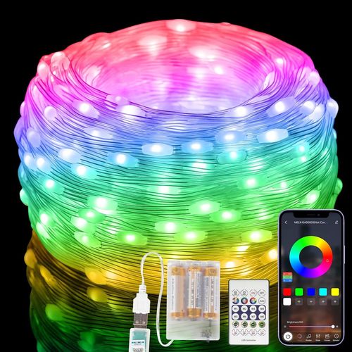 Kal-10m Guirlande Lumieuse Avec Télécommandes, Guirlande Lumineuse Multicolore Intelligent Rgb, Étanche Ip65, Pour Intérieure, Extérieure, Décoration Du Mariage, Halloween, Batteries Included