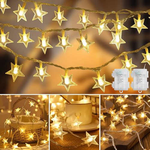 Kal-2pcs Guirlandes Étoiles, 6.4m 40 Led Chambre Lumières Led Étoile Chaîne, 8 Modes D'éclairage Étanche Guirlande Lumineuse De Étoile, Guirlandes Lumineuses D'intérieur Décoratifs,Blanc Chaud