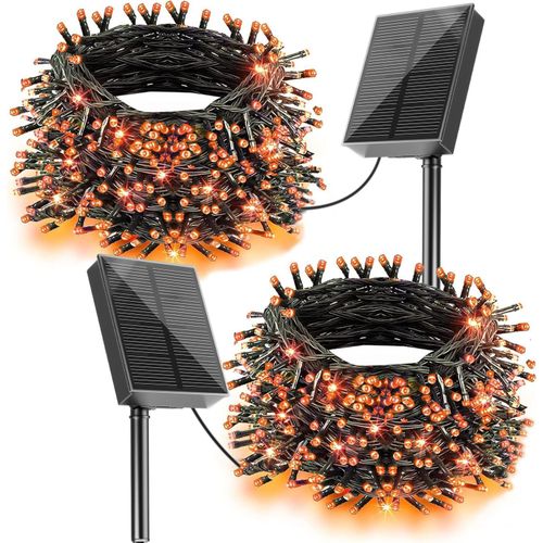 Kal-Guirlande Lumineuse Solaire D'extérieur - 2 X 20 M - 200 Led Orange - 8 Modes - Lampes Solaires D'halloween Pour Jardin, Arbre, Automne, Thanksgiving, Halloween