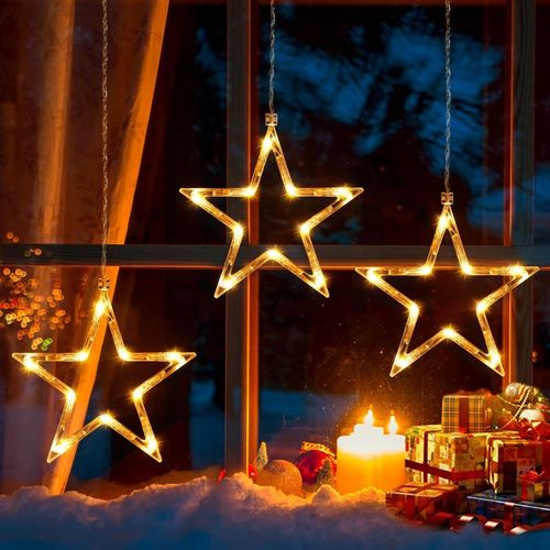 Kal-Rideau Lumineux 3 Étoiles, 30 Leds Étoile Lumineuse Noël À Piles Blanche Chaude, 8 Modes Décoration Éclairage Noël Intérieur/Extérieur Suspendre, Déco Lumière Pour Vitrine Fenêtre Vitre