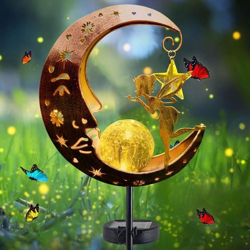 Kal-Lampe Solaire De Jardin En Forme De Lune - Lampe Solaire D'extérieur - Boule En Verre - Décoration De Jardin Pour Cour, Pelouse, Fée Des Fleurs - Lampe Solaire Avec Piquet De Terre