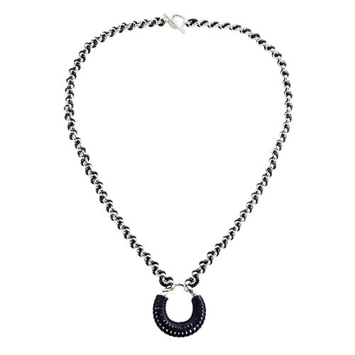 Sautoir Agatha Twiggy Argenté Cuir Bleu Foncé