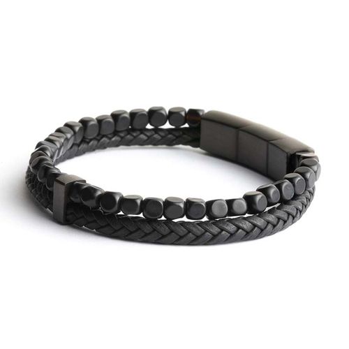 Bracelet Homme Gemini Agate Noire/Cuir M-L