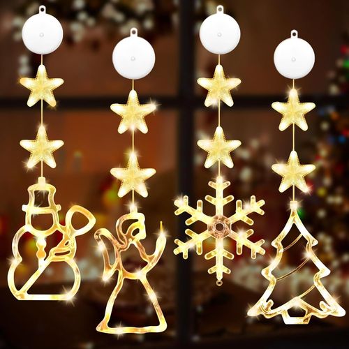 Kal-Lot De 4 Éclairages De Noël Led Pour Fenêtre - Avec Ventouses - Guirlande Lumineuse Pour Décoration De Noël, Fenêtre, Chambre, Balcon, Fête, Intérieur Et Extérieur - Blanc Chaud